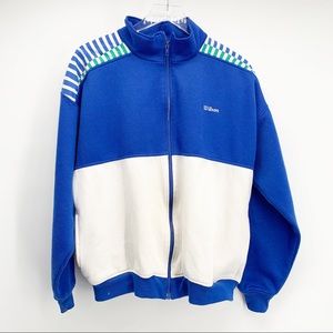 Wilson Vintage Tennis Jacket Fleece Lined Blue/White Size Large